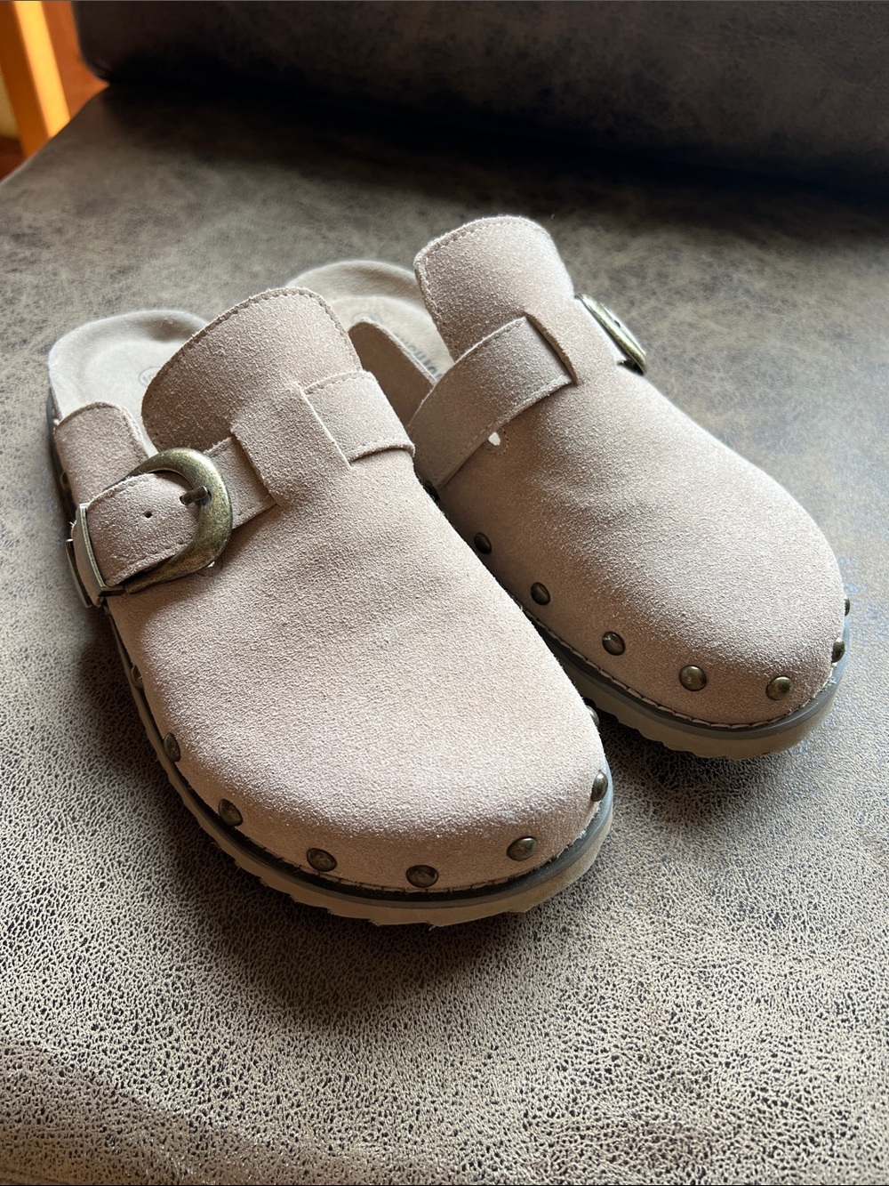 Women’s Suede Slip-On Clog Mule with Buckle - Light Taupe